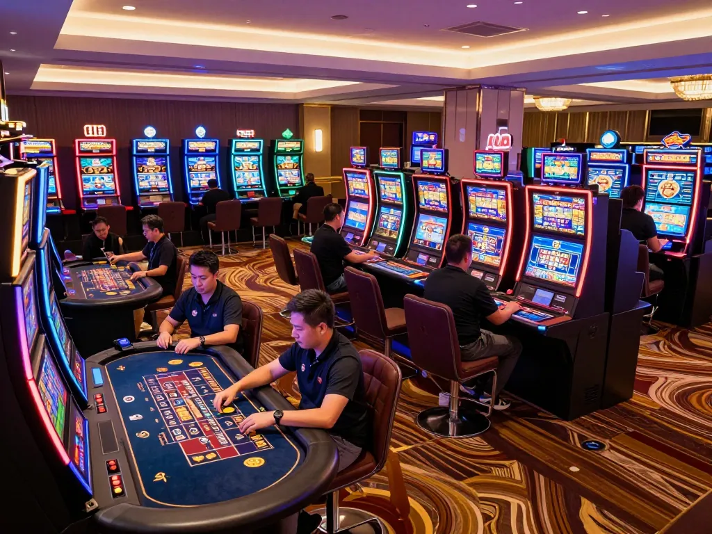 Experience the excitement of fun88 as players engage with vibrant slot machines and table games in a luxurious casino setting.