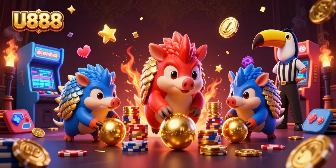 U888 pangolins competing with casino chips and arcade machines in a vibrant gaming scene