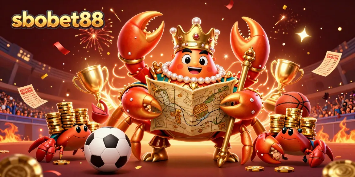 Experience sbobet88 sports betting excitement with the golden crab emperor amidst confetti and sports elements.