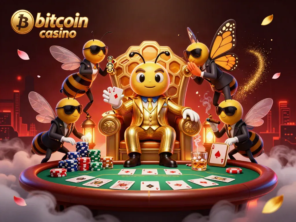 Experience the vibrant energy of a bitcoin casino scene with a bumblebee mob boss and lively gaming elements.