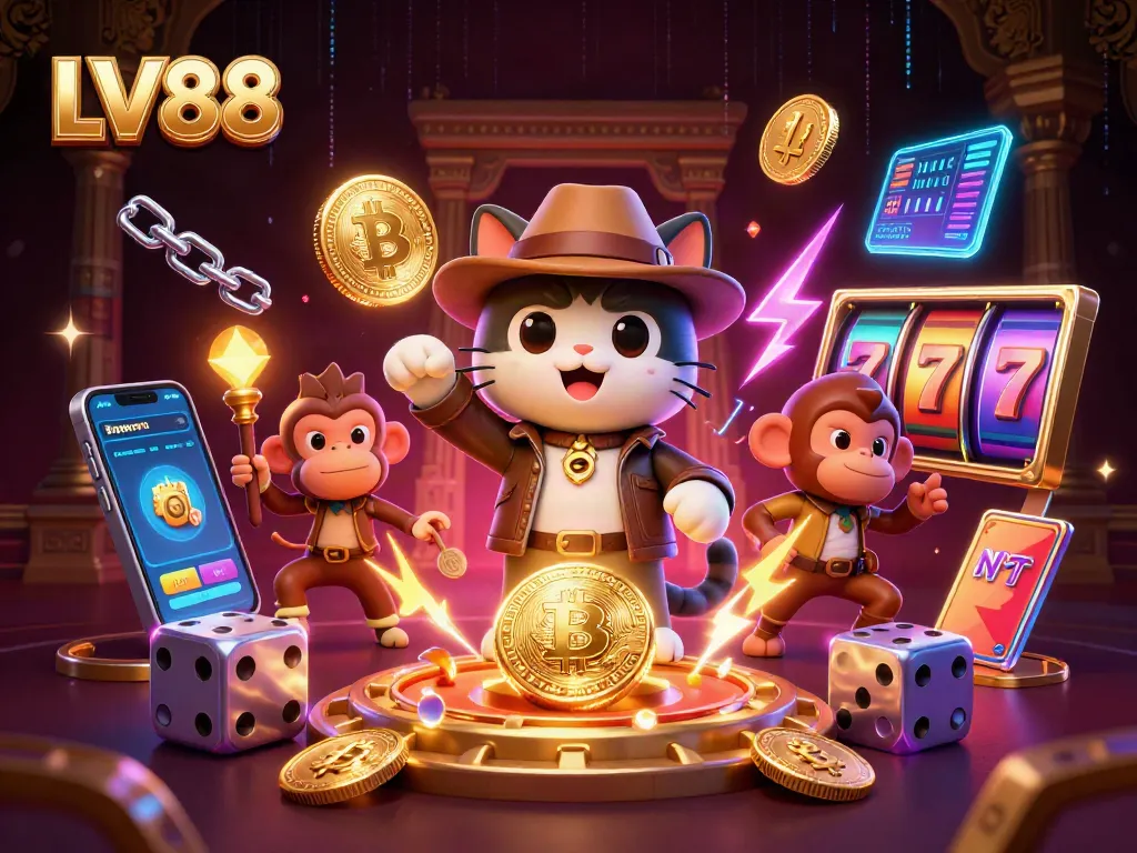 Engage in the thrilling LV88 experience with a 3D cartoon explorer discovering treasure in a vibrant casino setting.
