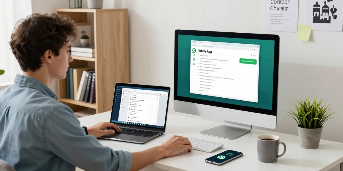 Professional workspace showing WhatsApp電腦版 in use on a monitor, laptop and smartphone for effective communication.