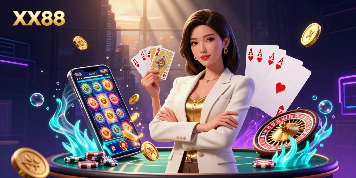 Experience the elegance of XX88 with a powerful businesswoman in a dynamic casino scene.