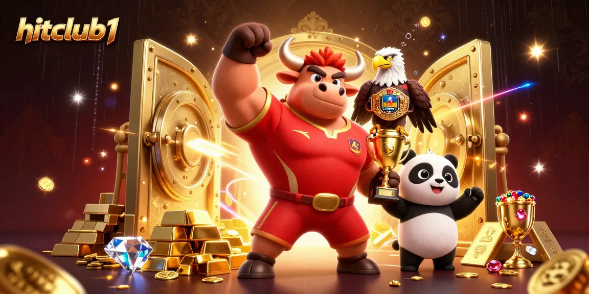 Win big at hitclub1 with a victorious bull and eagle surrounded by sparkling treasures.