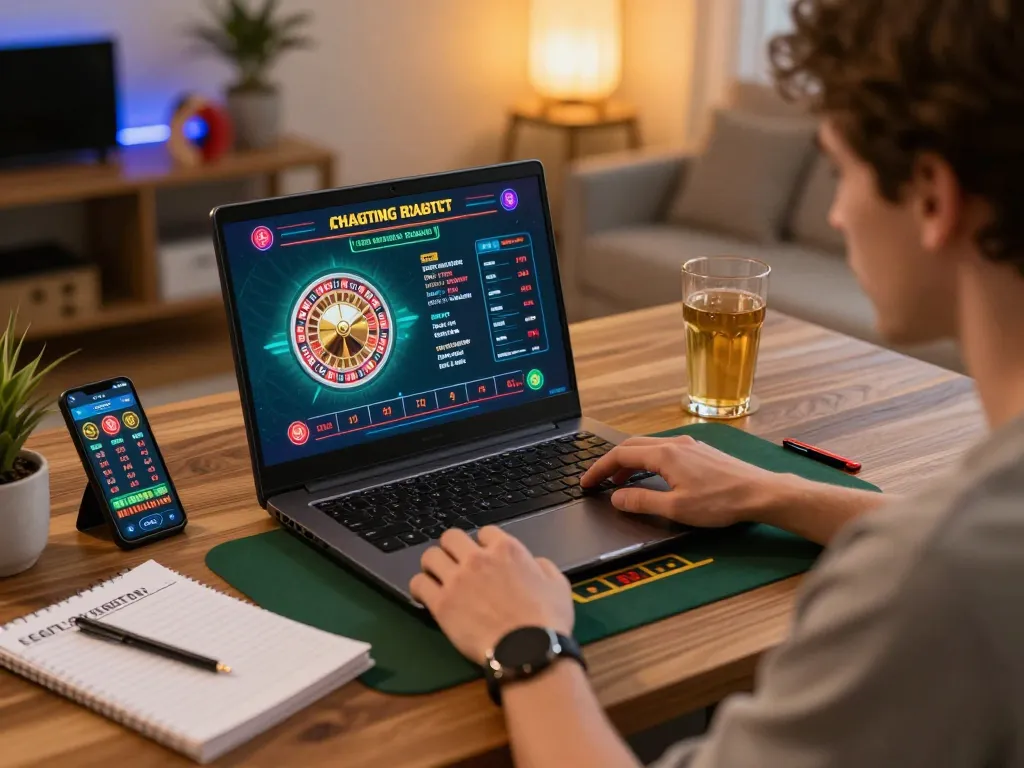 Player enjoying UG DEWA online roulette in a cozy home office with vibrant decor and strategic notes.