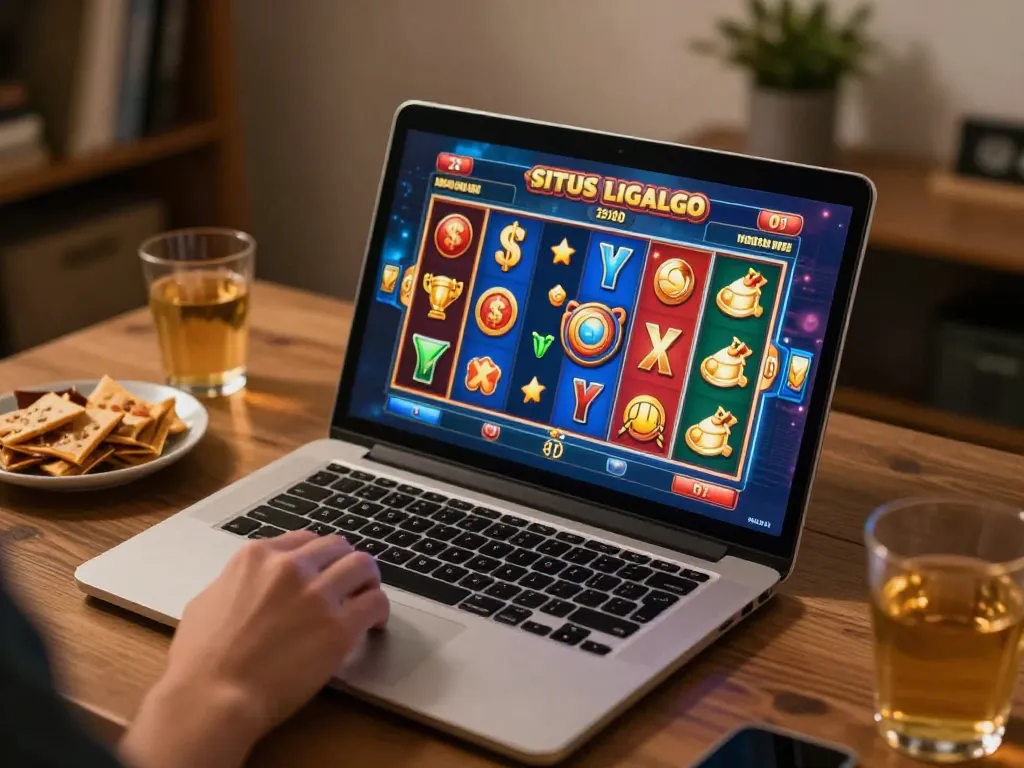 Player enjoying online slots at SITUS LIGALGO with laptop and snacks in cozy home