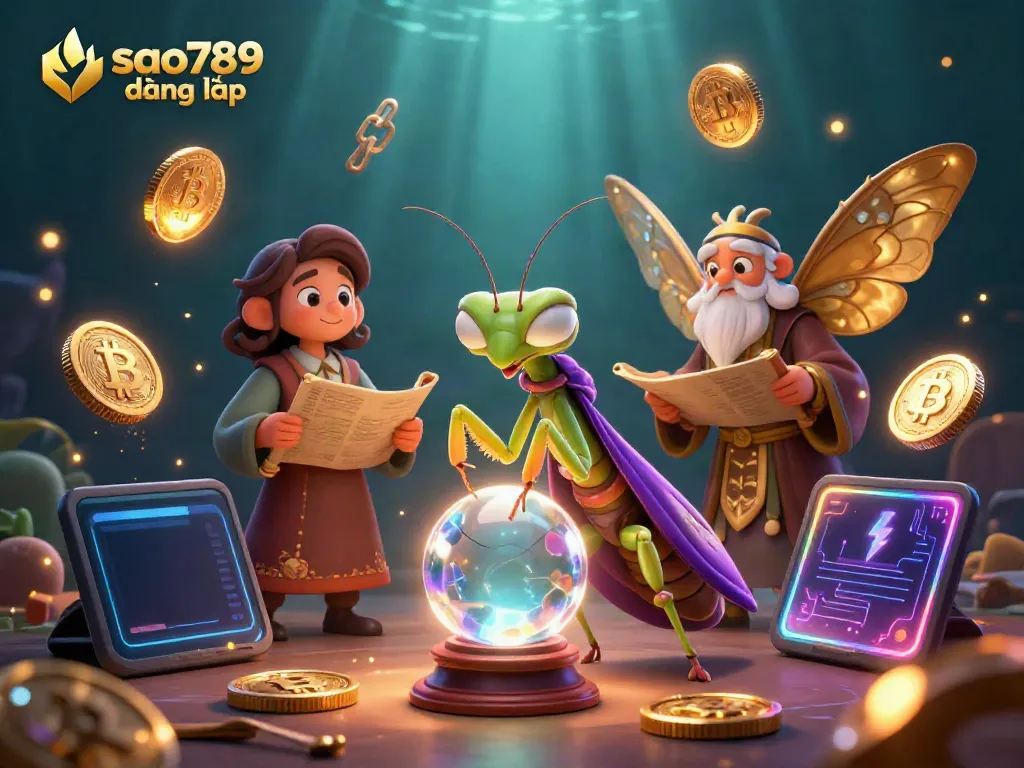 Experience the thrilling sao789 đăng nhập as vibrant characters and crypto elements illuminate a mystical game scene.