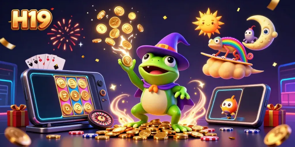 Engage in thrilling gameplay at H19 with a vibrant scene featuring magical elements and casino games.