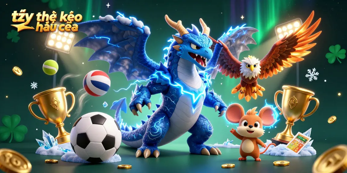 Engage in thrilling soccer betting with tỷ lệ kèo nhà cái showcasing sports balls, energetic characters, and a vibrant backdrop.