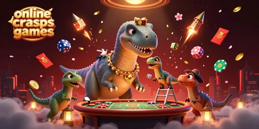 Experience thrilling online craps games with a giant brontosaurus and a clever raptor set in a vibrant casino scene.