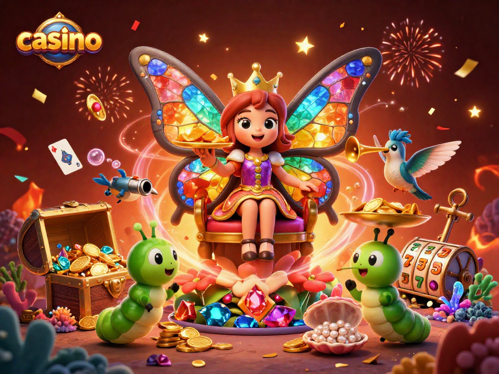 Engage in the vibrant casino scene with a butterfly queen, chip-carrying caterpillars, and sparkling treasures.