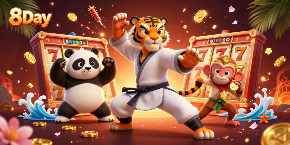 8Day presents an exciting casino scene with a tiger master and playful characters in action.
