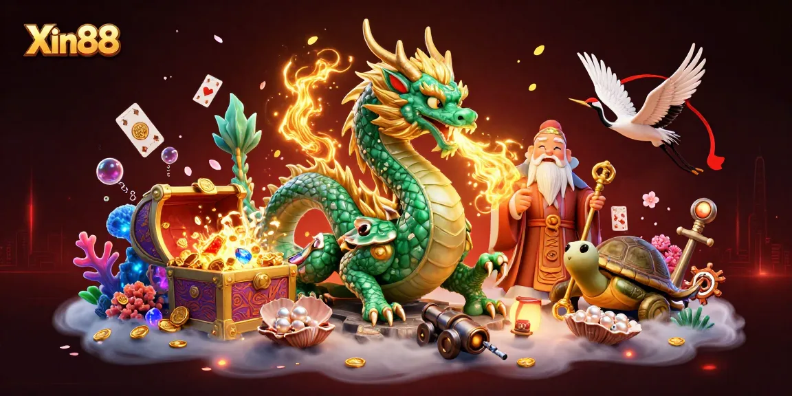 Win big with Xin88 at an immersive gaming scene featuring majestic dragon and treasure.