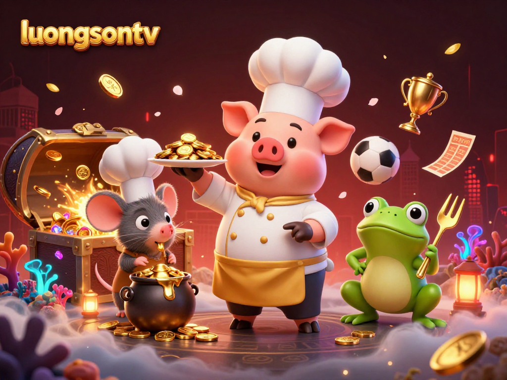 Experience the excitement of luongsontv with a chef pig serving coins and vibrant gambling elements.