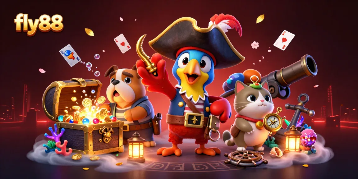 Engage with fly88's action-packed 3D scene featuring pirate-themed characters amidst treasure and game elements.