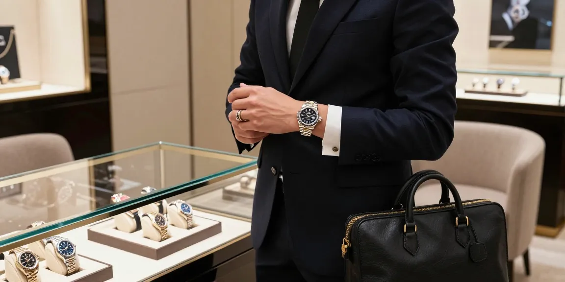Captivating urban scene showcasing rolex super clone watches in a luxury boutique, highlighting style and elegance.