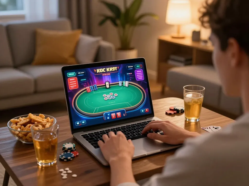 Engaging online poker session with tr88 gaming display, creating a cozy atmosphere at home.