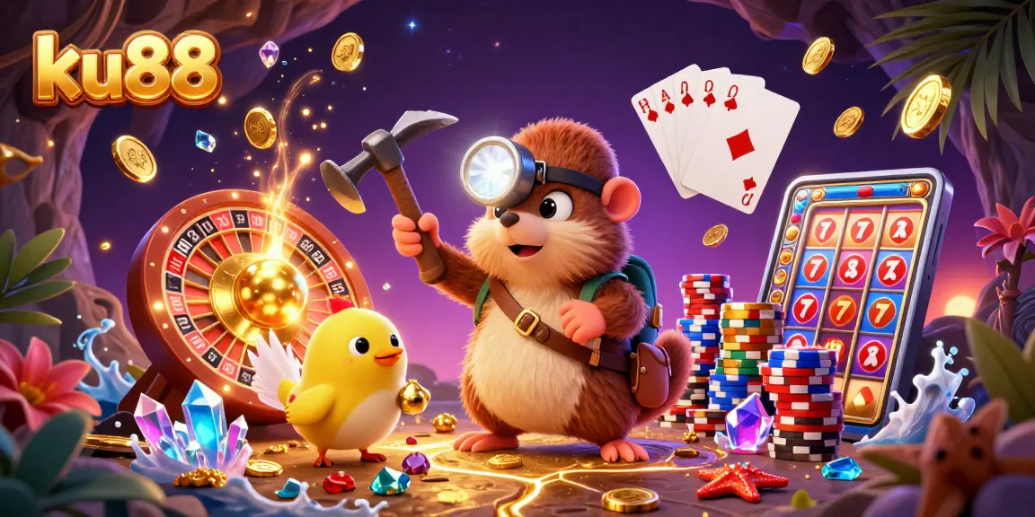 ku88 treasure hunter mole mining while spinning roulette and playing cards fly around