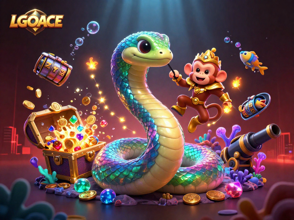 LGOACE thrills with vibrant casino imagery featuring a rainbow serpent and slot reels in this immersive scene.