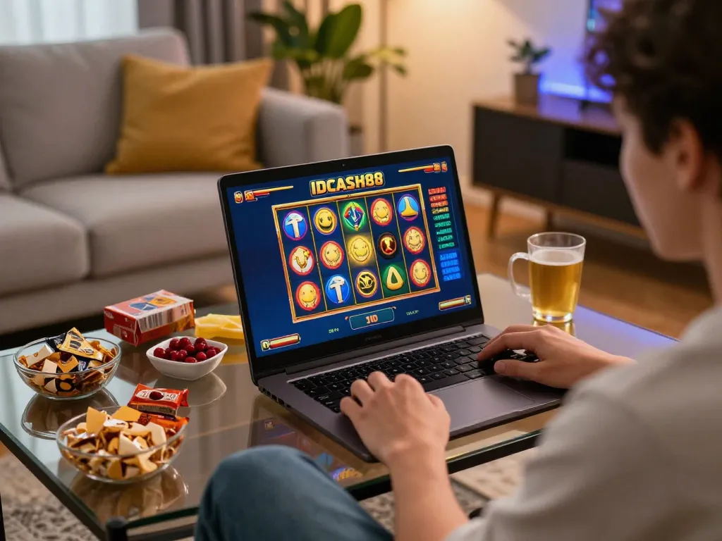 Engaging session with IDCASH88 Slot displayed on laptop, highlighting intense online gambling experience.
