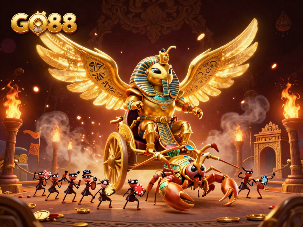 Engage with GO88 as a colossal golden scarab beetle leads an epic casino adventure in a vibrant arena.