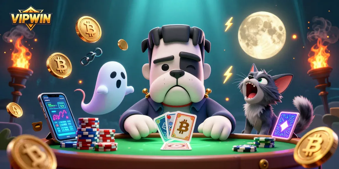 Experience the thrill of VIPWIN's casino with a lively scene of a Frankenstein bulldog dealing cards.