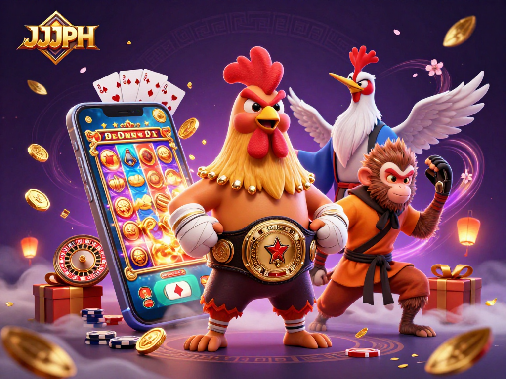 Play exciting games on JJJPH with a Muay Thai rooster and Shaolin monkey amid slot action.