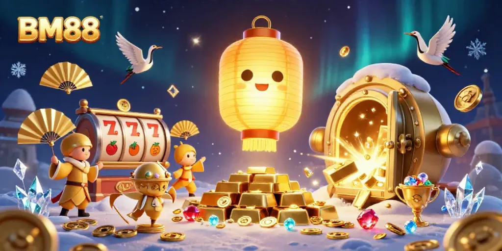 BM88 casino scene with glowing lantern spirit, golden treasures, and captivating slot reels in action.