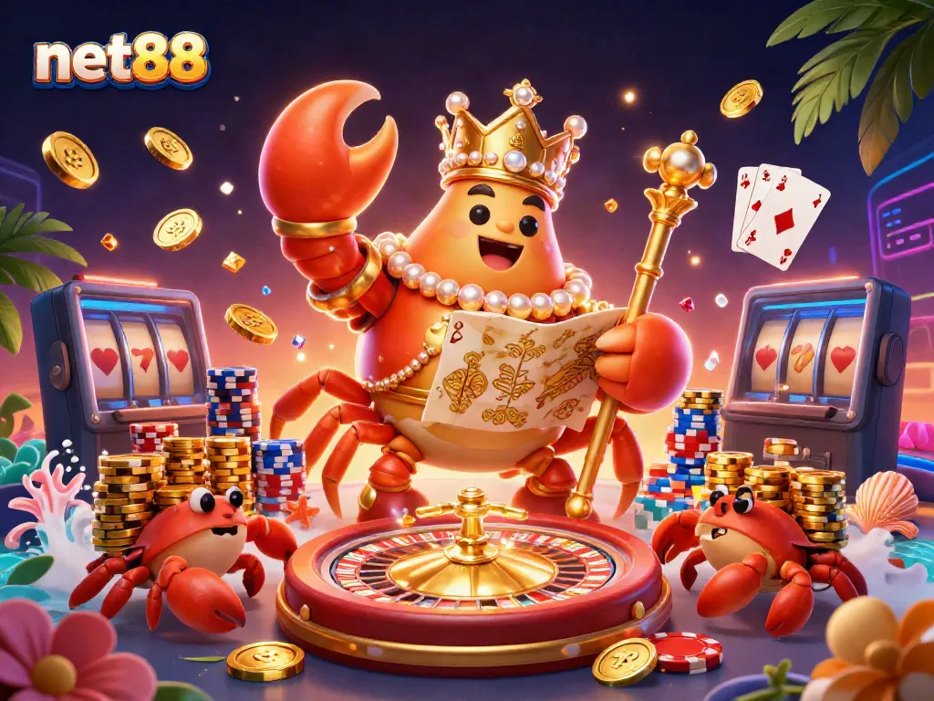Bet on net88 with a stunning 3D crab emperor in a vibrant casino scene, showcasing treasures and games.