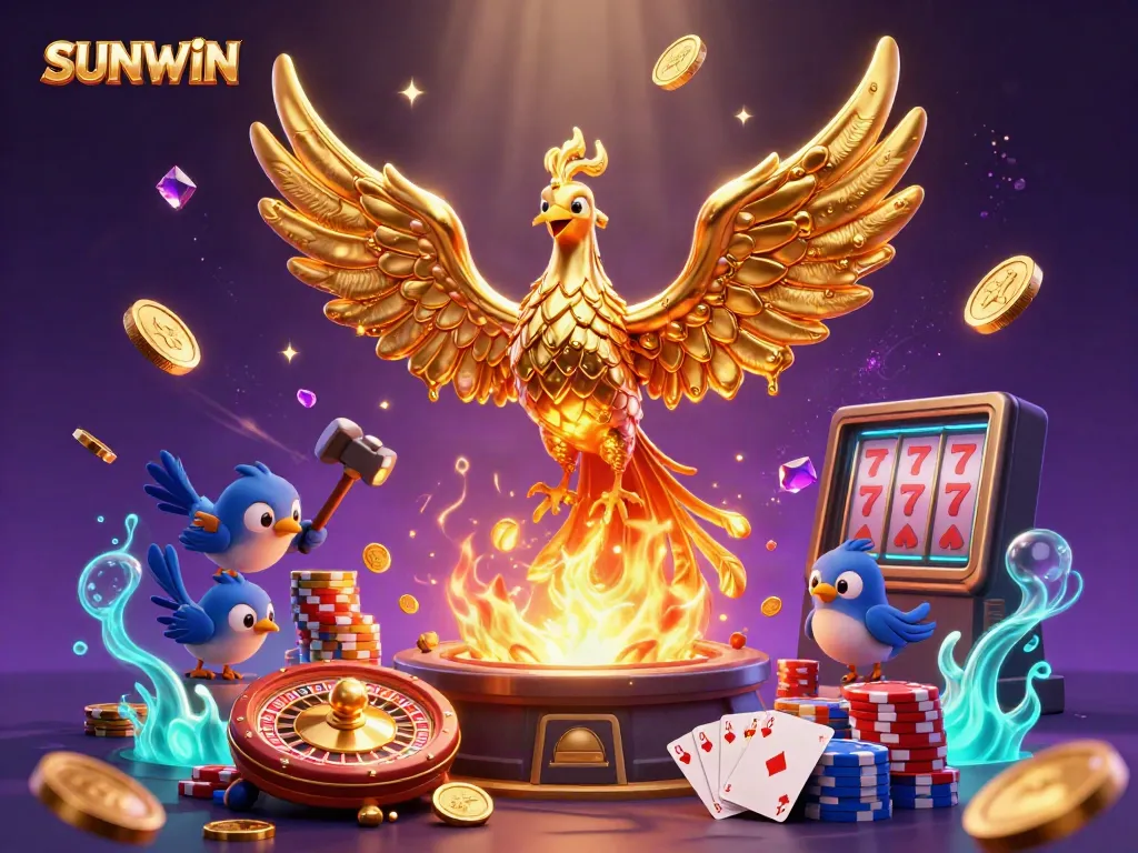 SUNWIN's golden phoenix bursts from a forge, showering coins in a dynamic casino scene.