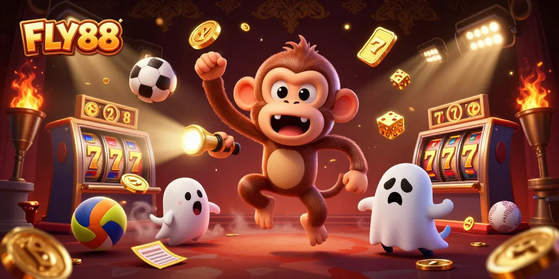 FLY88 engages players in a vibrant 3D casino scene featuring a mischievous phantom monkey and ghost-hunter puppy.