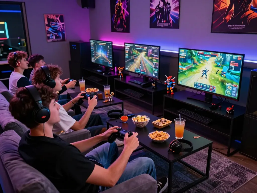 Exciting ligasedayu gaming lounge with friends enjoying online games and vibrant LED lights.
