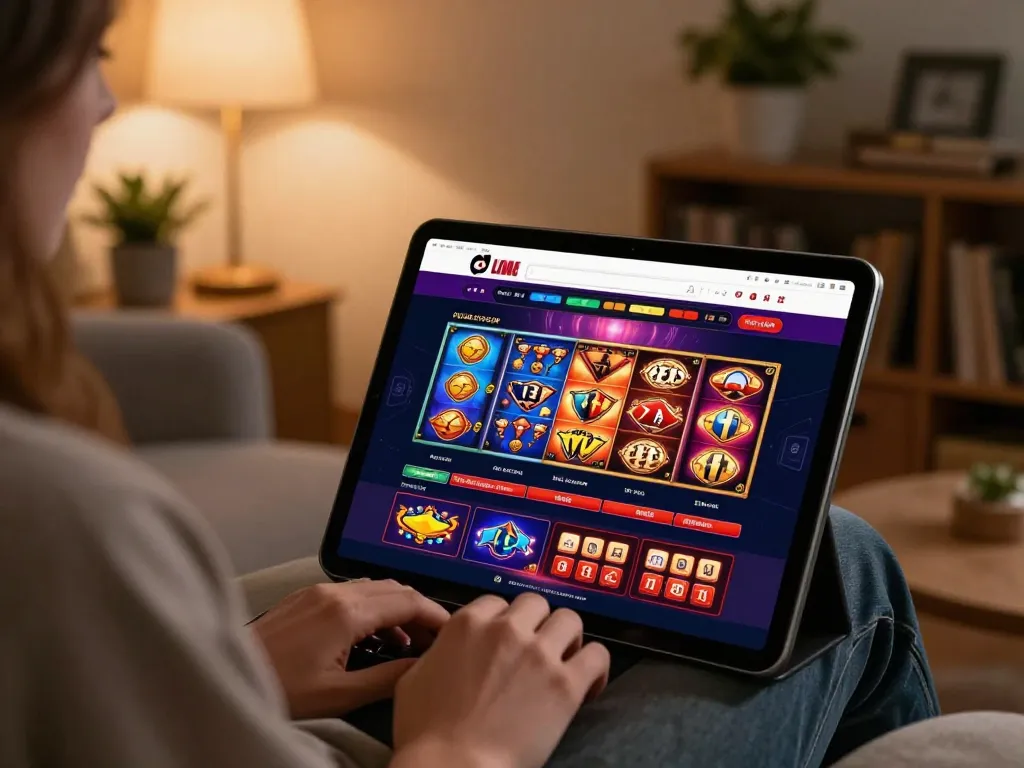 Engaging gameplay at nhà cái 78win featuring vibrant online casino games on tablet in cozy home