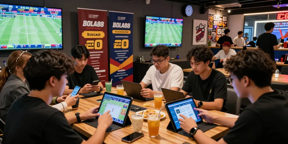 Friends enjoying BOLA88 sports betting in a lively gaming lounge with live odds.