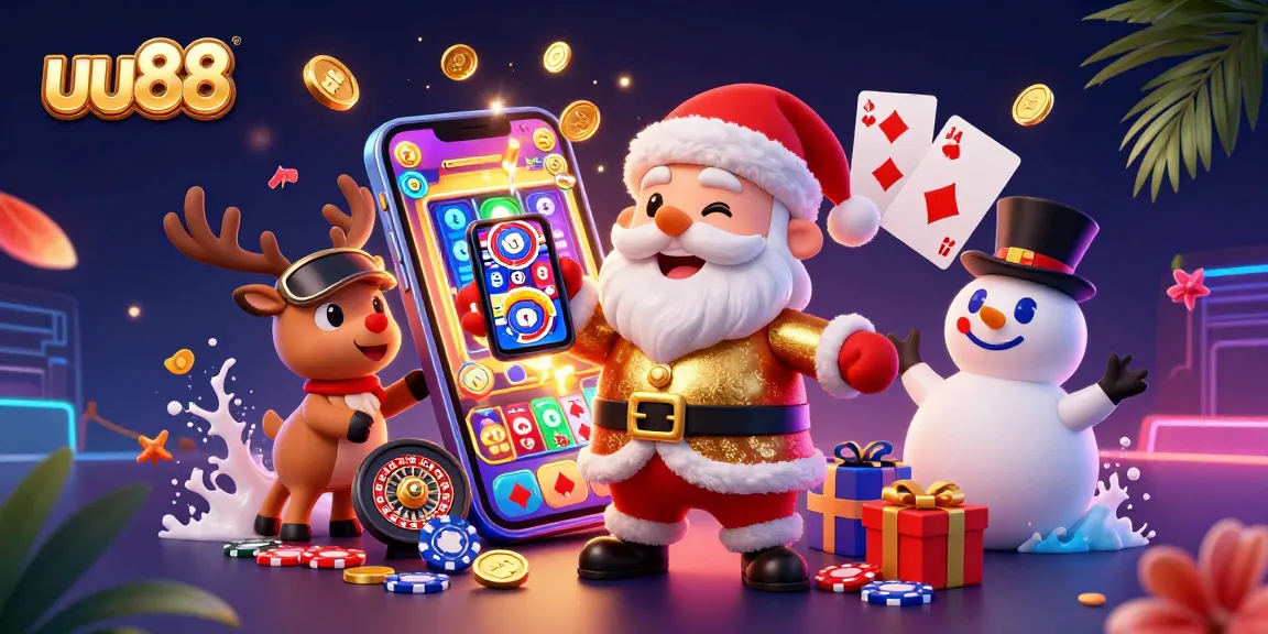 Experience thrilling gameplay with uu88 in a vibrant casino scene featuring Santa and friends.