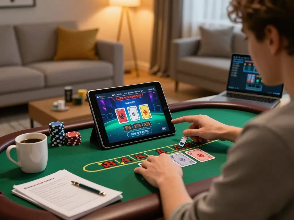 Player enjoying an online blackjack game on 8kbet8 tablet in cozy living room setting.