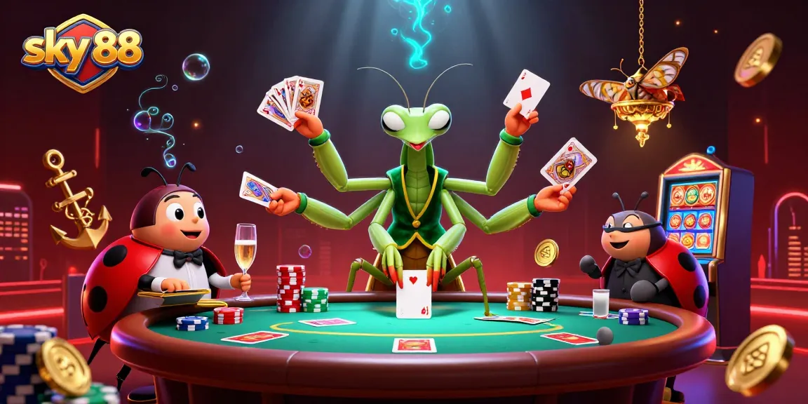 Join the excitement at sky 88 with a dynamic poker scene featuring animated characters playing cards.