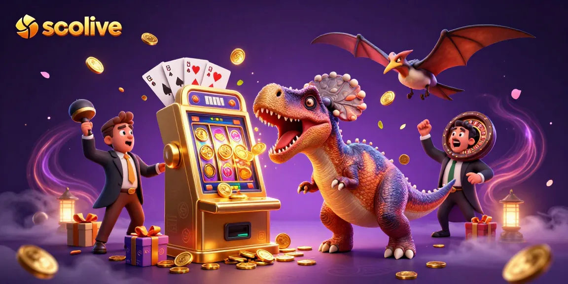Socolive showcases a thrilling casino scene with vibrant cartoon dinosaurs and a golden slot machine bursting with coins.
