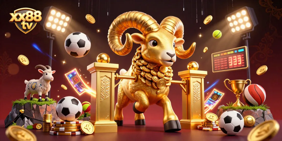 Experience excitement at xx88 tv with a golden ram symbolizing wealth charging through a dynamic sports-themed scene.