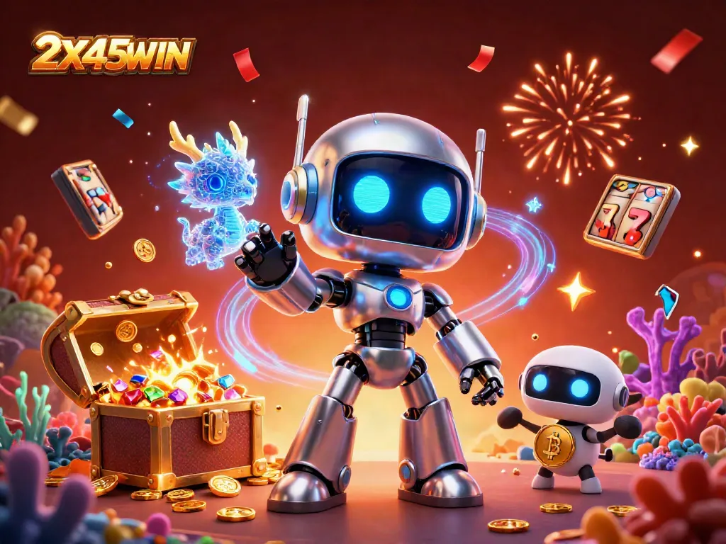Mainkan permainan slot di 2X45WIN dengan robot cyberpunk dan naga holografik sebagai teman di latar belakang yang cerah.