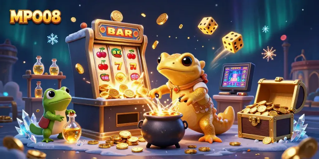 Engage with MPO08's thrilling atmosphere featuring a golden salamander alchemist amidst explosive casino elements.