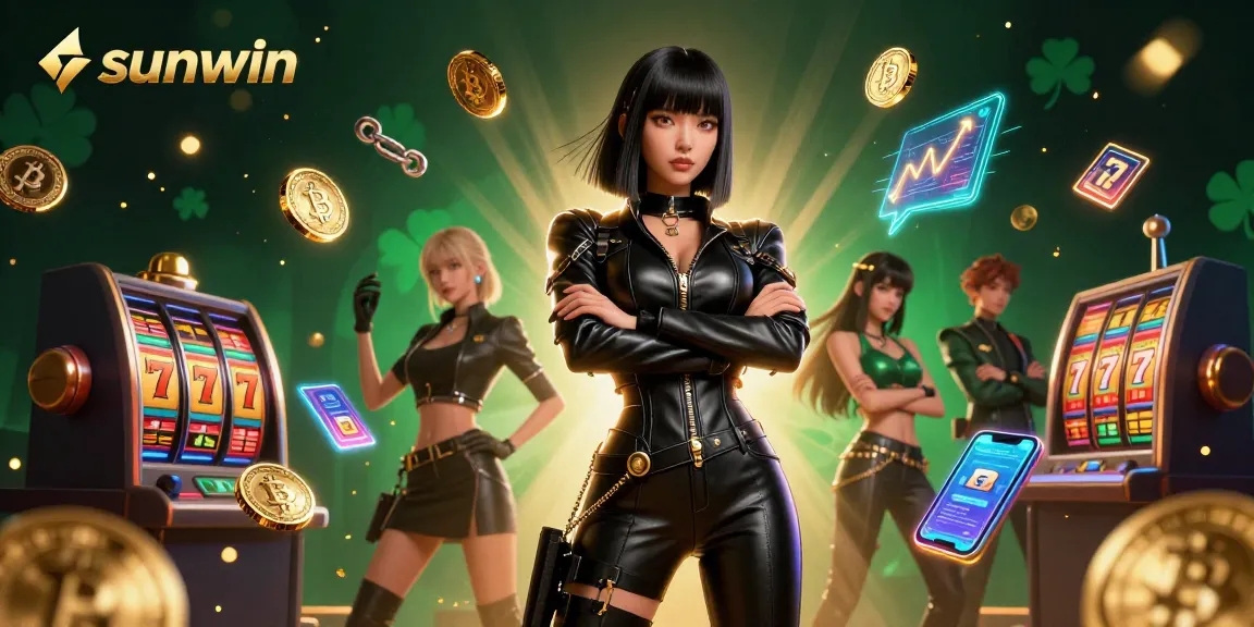 Win exciting prizes with sunwin in this vibrant, dynamic casino illustration featuring slots and Bitcoin elements.