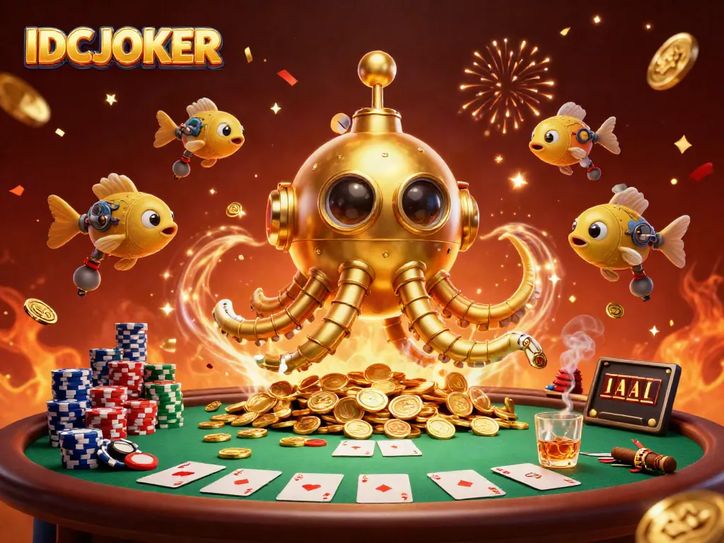 IDCJOKER showcases an epic 3D casino scene featuring a golden kraken submarine and poker excitement.