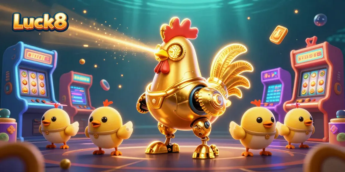 Experience the vibrant world of Luck8 with the golden rooster robot leading in a dynamic casino scene.