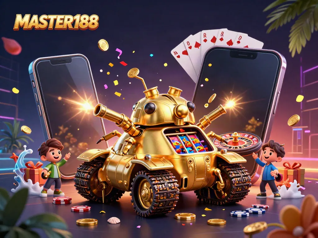 Engage with MASTER188, featuring a golden beetle tank revealing a miniature casino and vibrant game elements.