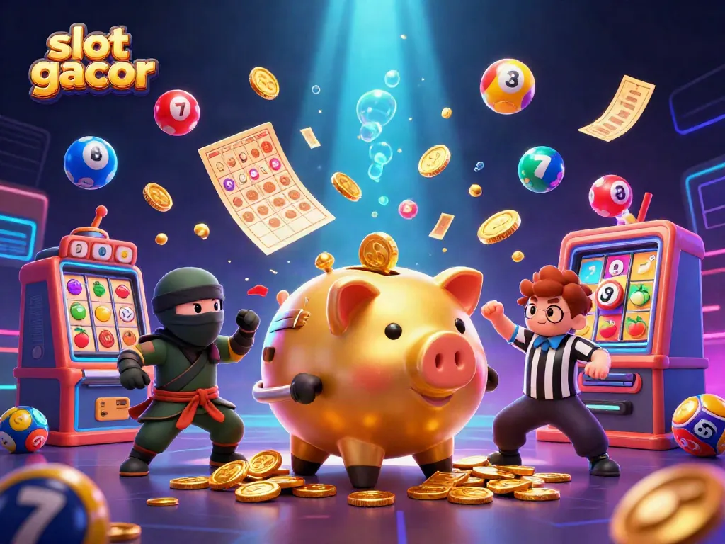 Engaging slot gacor scene with a golden piggy bank sumo wrestler, exploding coins, and lottery elements.