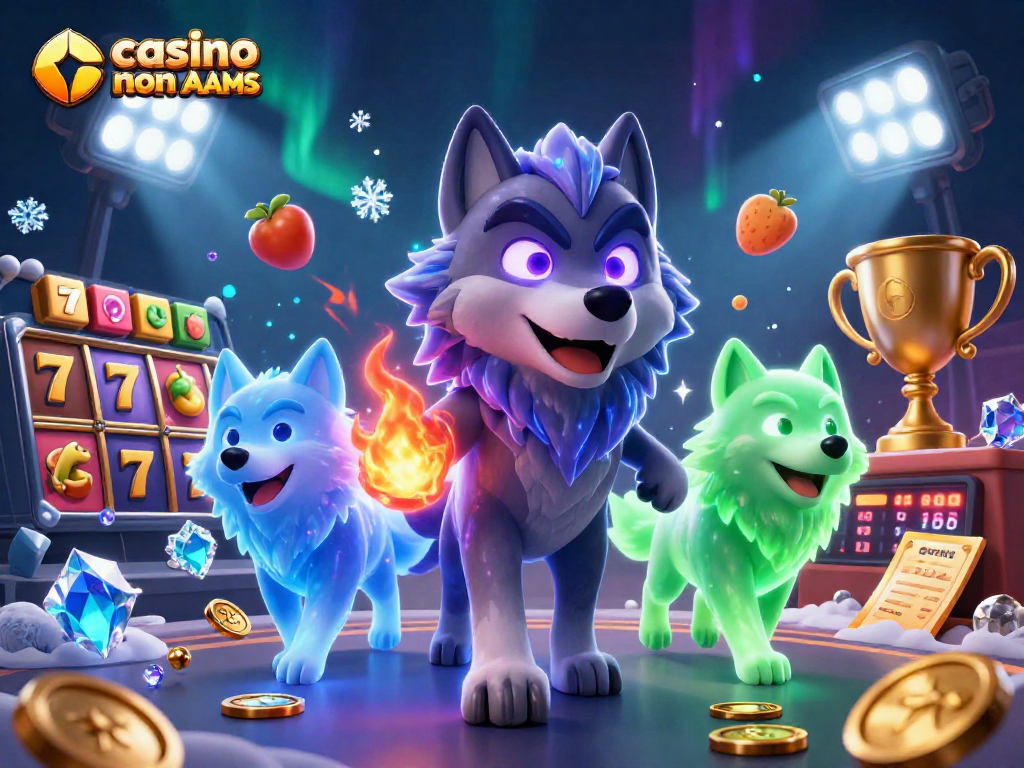 Un'illustrazione 3D di un lupo fantasma guida di un branco nei casino online non AAMS con simboli delle slot e oggetti brillanti.