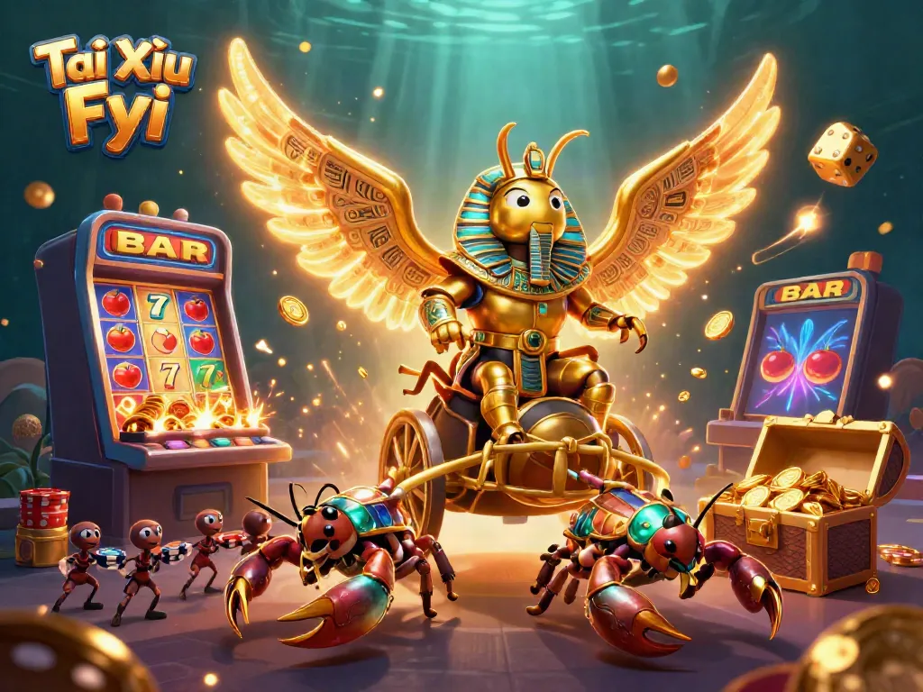 Tài Xỉu Fyi showcases an epic gaming scene with a golden beetle and jackpot elements.