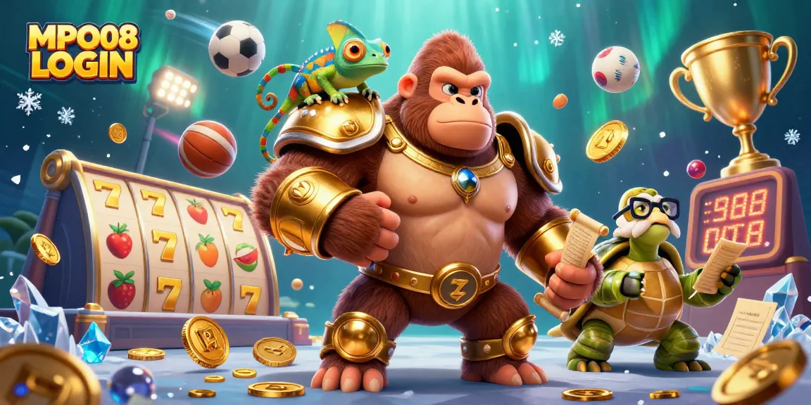 MPO08 LOGIN spins the reels with the powerful gorilla king, chameleon spy, and wise tortoise in an engaging casino scene.