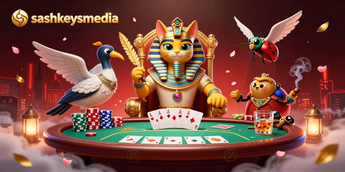 Engage in thrilling poker action with sashkeysmedia's Egyptian cat and scribe amidst vibrant gaming elements.